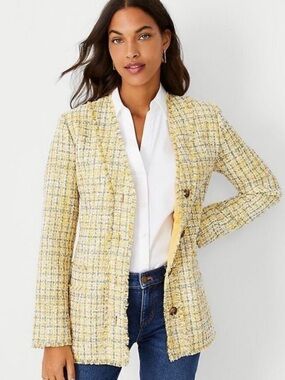 Ann Taylor Yellow and Blue Tweed Frayed-Edge Blazer, Size 12